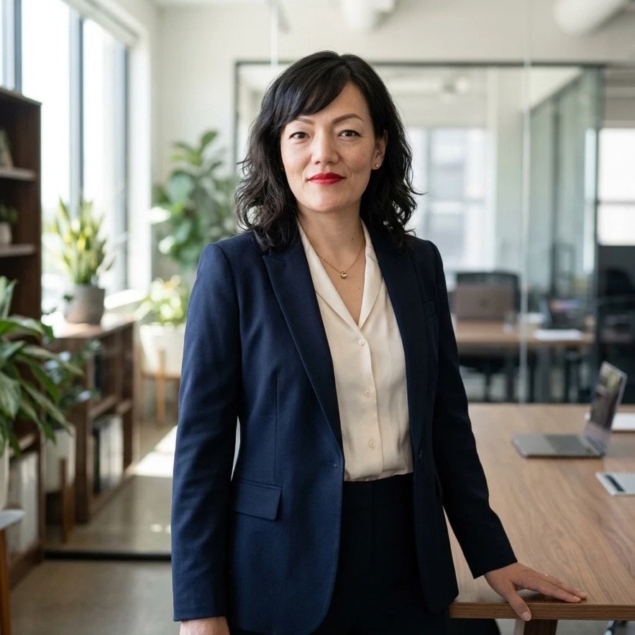 Original photo of a woman in a navy blazer