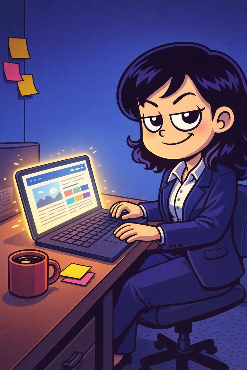 Cartoon her at a laptop, smug
