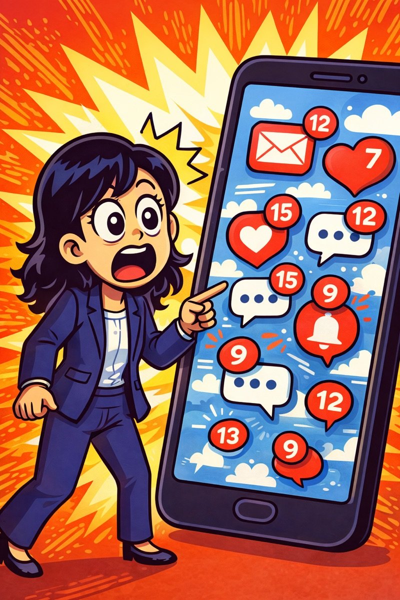 Cartoon her shocked by phone notifications